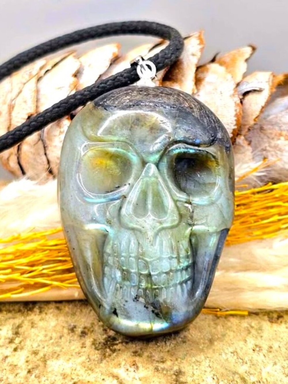 Natural Labradorite Big Skull Pendant Necklace